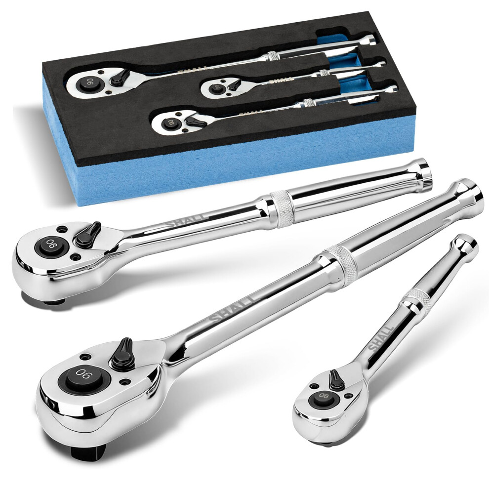 Shall 90-Tooth Ratchet Wrench Set | 3-Piece 1/2", 3/8" & 1/4" Drive | Quick-Release & Reversible | High-Torque Seamless Ratcheting For Mechanics 5000375522249