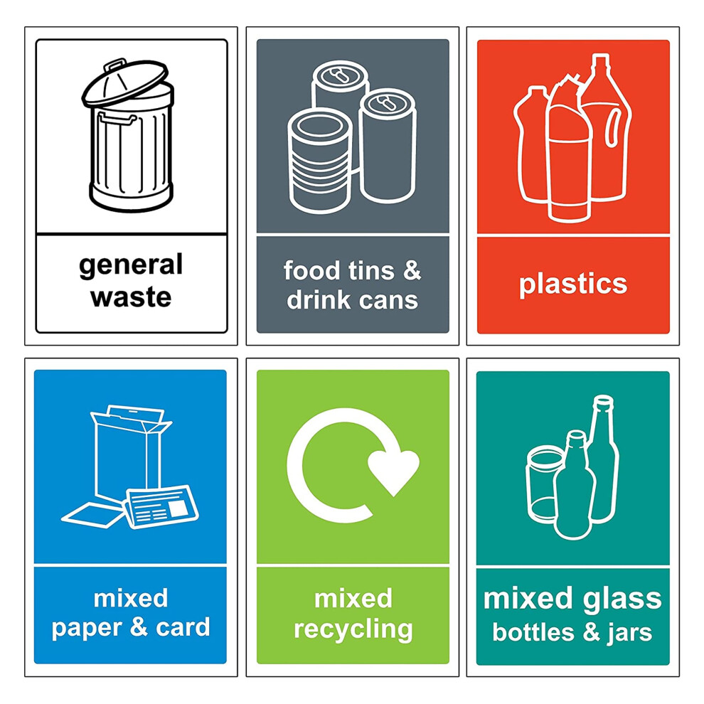 6 Self Adhesive Multi Recycling Bin Stickers, Waterproof Labels For Waste Bins, Food, Plastics, Mixed Paper And Card, Mixed Glass And General Waste 6 5003929757470