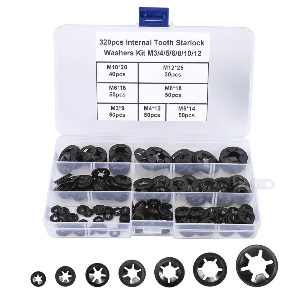 Fandway 7 Sizes 320Pcs Internal Tooth Starlock Washers, Quick Speed Locking Washers, Push On Speed Clips Fasteners Assortment Kit,65Mn Black Oxide Fi 5003035529848