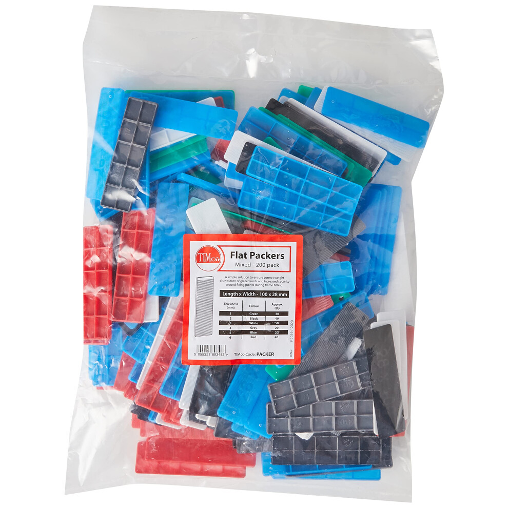 Timco Assorted Packers - Assorted Colours - Colourful Spacers, Shims, Plastic Packers - 28Mm 100 X 28 - Bag Of 200