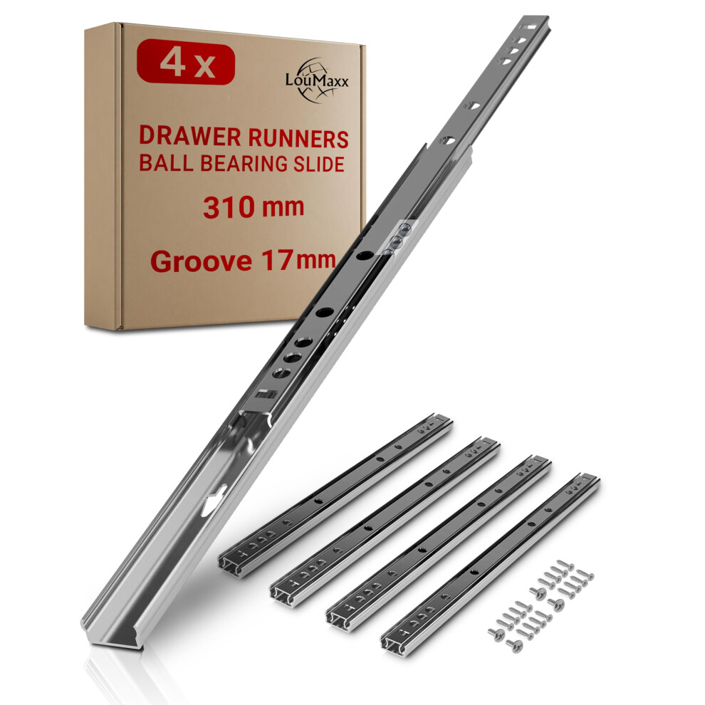 Loumaxx Drawer Runners 17Mm Groove [4 Pack] - 310Mm Cabinet Drawer Slides - Ball Bearing Drawer Runners - Suitable Replacement Ikea, Mfi - Screws Inc 5007954734949