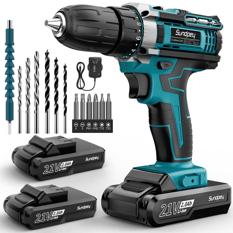 Sundpey Cordless Drill Set 21V - 2 X 2.0Ah Battery Drill Cordless Rechargeable, Electric Screwdriver With 18+1 Torque, 2 Speed, 3/8" Keyless Chuck & 5009907781536