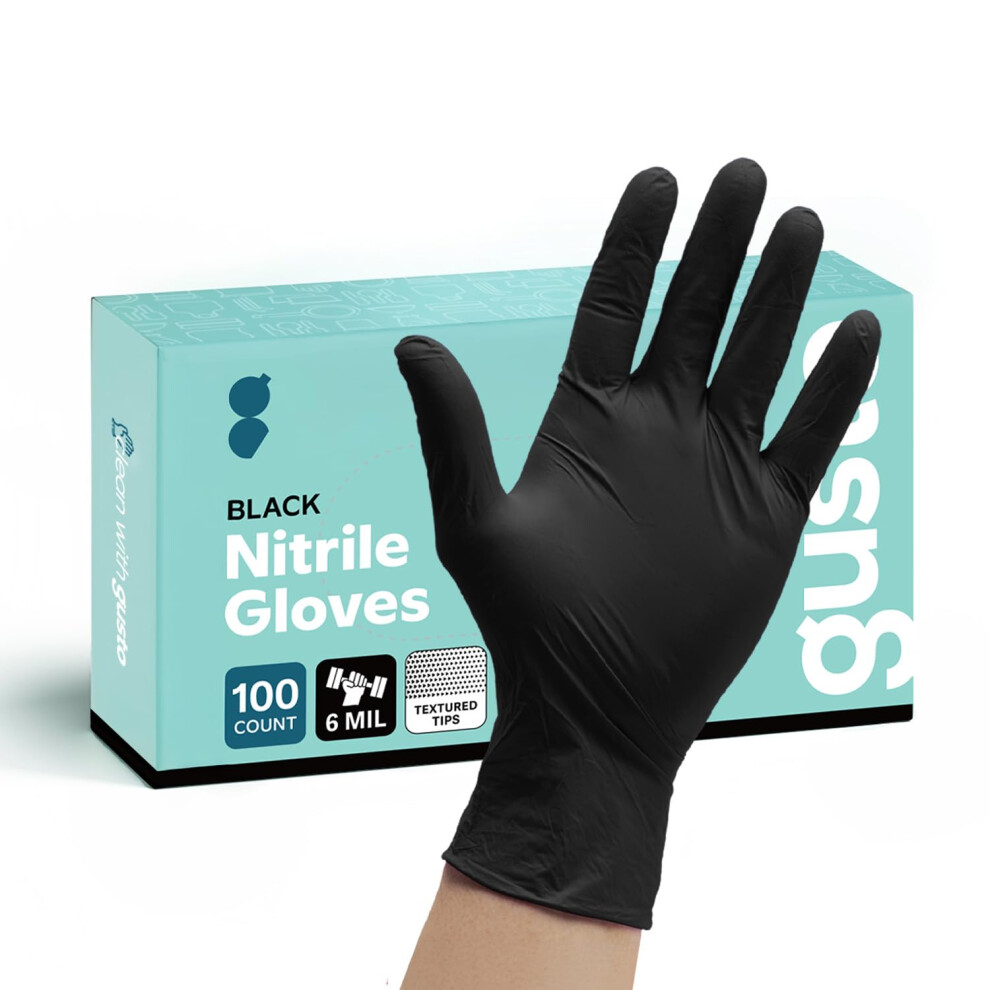 Gusto Industrial Black Nitrile Gloves [100 Count] 6 Mil. Latex & Powder Free Vinyl Disposable Plastic Textured Gloves - Large 5001415178464