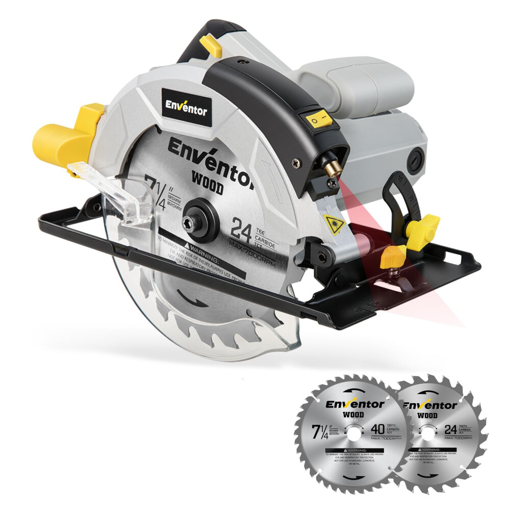 Enventor Circular Saw, 1200W 5800Rpm Pure Copper Motor Electric Circular Saws With Laser Guide, 2 Saw Blades(185Mm, 24T+ 40T), Max Cutting Depth 62Mm 5002143160530