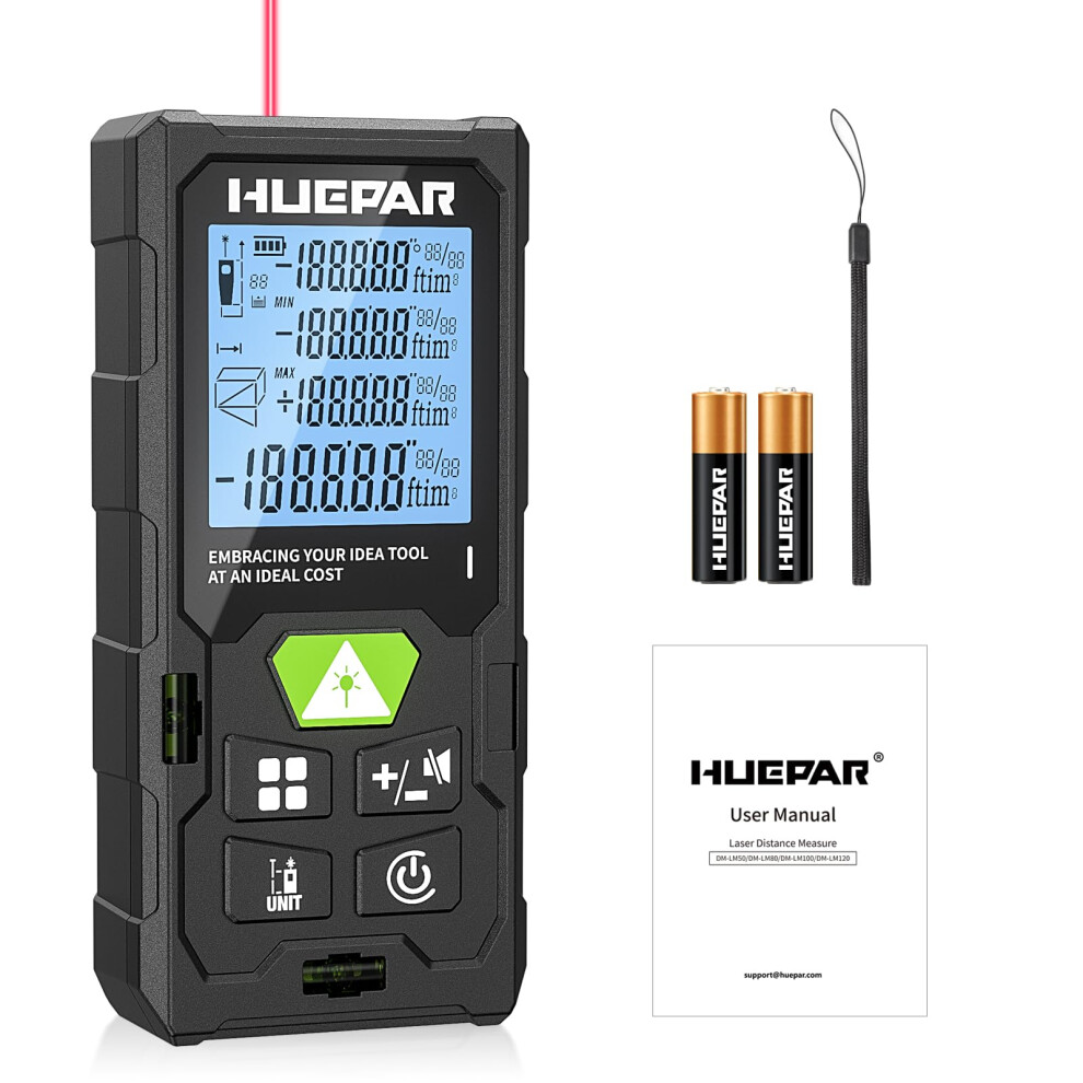 Huepar Laser Measure 165Ft Laser Measuring Tool Digital Laser Distance Meters With 2 Bubble Levels, Backlit Lcd, Measure Distance, Area And Volume An 5009359304772