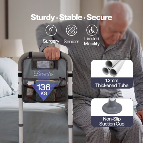 Levede Adjustable Bed Rail with LED Sensor Light Storage Pocket Bed Handle Guard 2