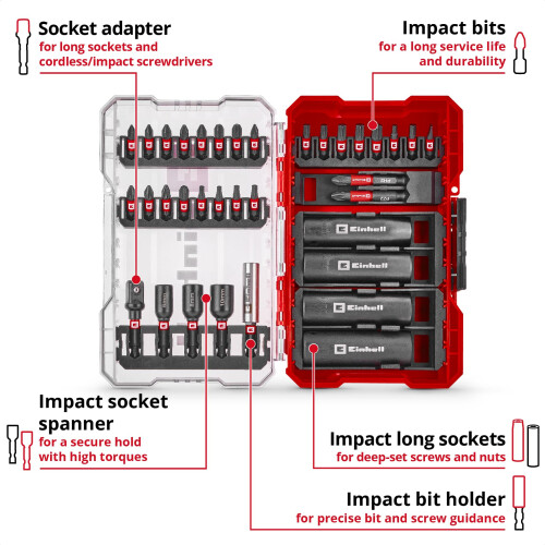 Einhell Original Einhell M-CASE 35-Piece Impact Bit and Socket Set (25 mm Bits, 50 mm Bits, Hexagon Sockets, Long Sockets, Socket Adapter, 60 mm Bit Holder I 1