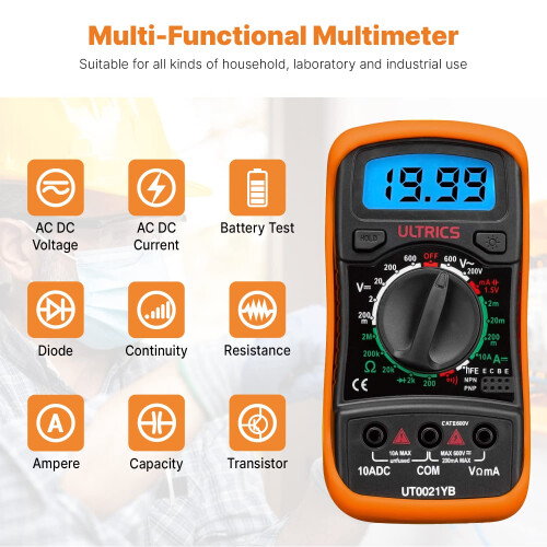 ULTRICS Digital Multimeter, Voltmeter Ammeter Ohmmeter Circuit Checker with Backlight LCD Test Leads, Portable Multi Tester Measures OHM AC DC Voltag 2