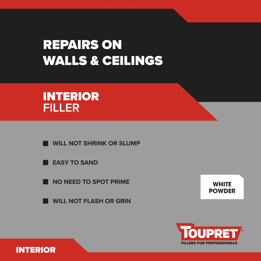 Toupret Interior Filler - Easy To Sand, No Shrink Crack Filler - Smooth Finish Wall Repair For Interior Surfaces - Professional Powder Filler - White 5002860925825