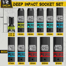 KIRXST 1/2 Inch Drive Impact Socket Set, 11 Piece Deep Sockets 10-24 mm, Metric Socket Set with 1/4" Socket Adapter for Automotive Trucks Tractors En
