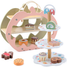 Wooden Tea and Dessert Set for Children 11 Pieces Brown/Pink Creative — wooden kitchen set, children tea set, toy cafe, double sided stand 2 in 1