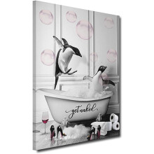 Wandbild Leinwand Bad Poster Lustige Pinguine in der Wanne Schwarz 40x60 cm — bild pinguine bad, poster pinguine 40x60, schwarze wandgrafik