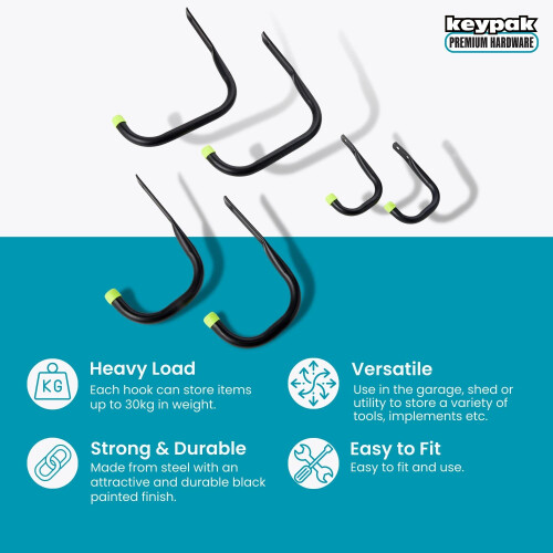keypak Universal Heavy Duty Garage Storage Hooks Set, 30kg Load Capacity per Hook (6 Pack) 1