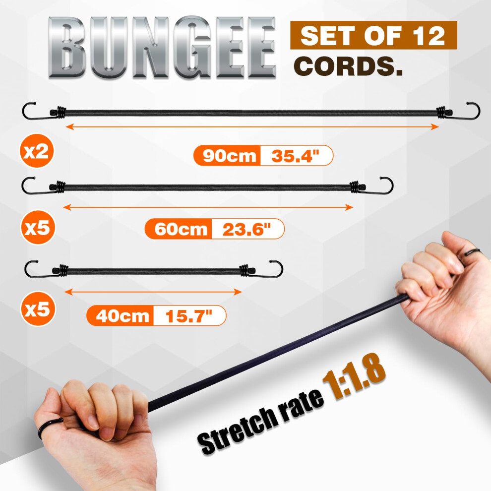 Ginkgo 12 Pack Bungee Cords With Hooks, 35Kg Max Load Bungee Straps, Long Short Mix Elastic Cord For Camping, Outdoors, Luggage, Tents, Bikes 5003084169941
