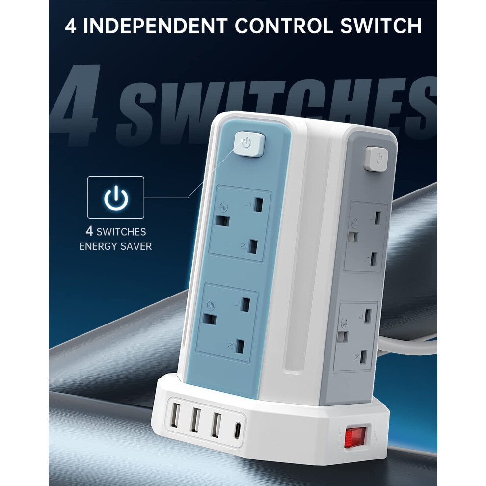 Tower Extension Lead (13A 3250W) 4 Usb Ports And 8 Way Extension Tower, Surge Protection Extension Lead With 4 Independent Control Switch, Extension 5007863816095