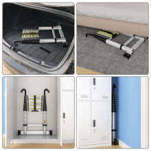 Telescopic Ladder 2.6M / 8.5FT Aluminium Extension Loft Ladder with Stabilizer Bar & Detachable Hooks, Multi Purpose Extendable Portable Ladders, 9 S