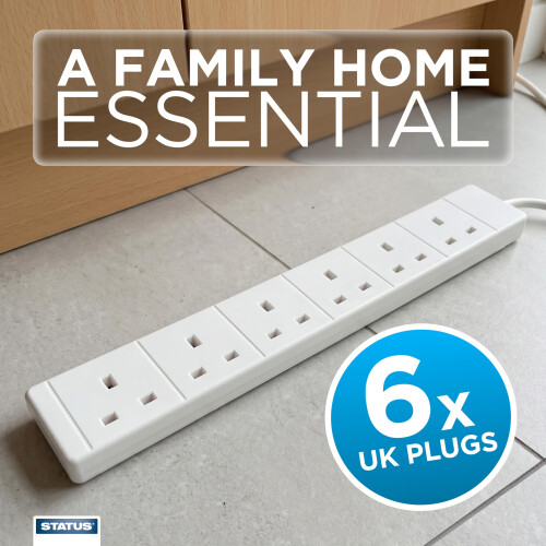 Status STATUS 6 Socket Extension Lead, 2m Multi-Plug Power Strip for Home, Office or Gaming Set-ups, White (S6W2MS12) 1
