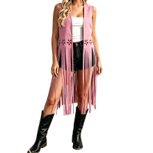 (S, Pink) Women's Long Tassel Vest Open Front Solid Color Western Sleeveless Cardigan Cutout Floral Waistcoat