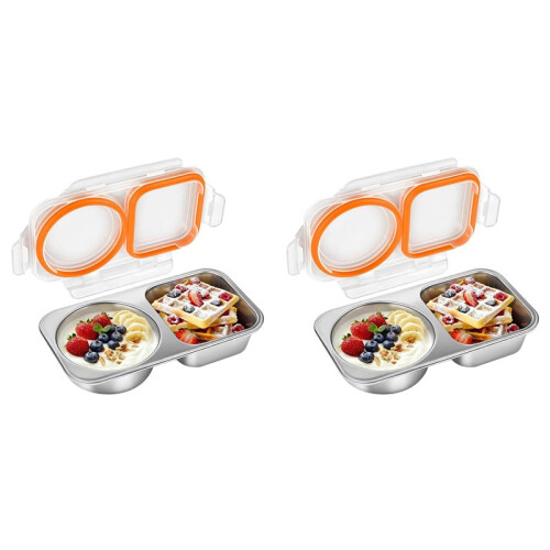 2X Boîte à Goûter en Acier Inoxydable, 400 Ml, 2 Compartiments, avec Couvercles Hermétiques et Étanches, Type Bento, Réutilisable