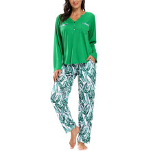 Women’s Pajama Set T-Shirt Long Sleeve Trousers Leaves Green M — womens pajama set, long sleeve pajamas, long pajama pants, green leaf pajamas