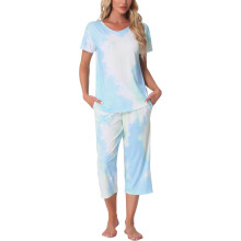 Cheibear Pijama Mujer Conjunto Camiseta Manga Corta Pantalones Azul M — ropa de estar mujer, pijama cómodo mujer