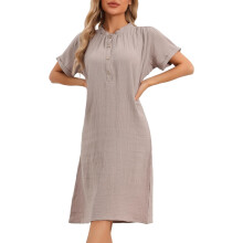 Cheibear Women's Cotton Pajama Nightshirt V-Neck Short Sleeve Brown M — womens cotton pajama set, button front nightdress, v neck nightdress