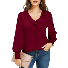 Blusa de mujer con cuello en V y mangas abullonadas elegante estilo vintage burdeos M — blusa mujer retro