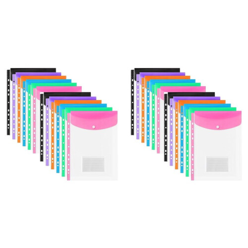 A4 Plastic Wallets, 24 Pack Expandable Document Files with Button for School, Office, Home, Travel