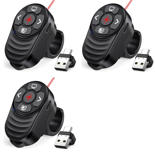 3X Rechargeable USB Type C Wireless Presentation Clicker,Finger Ring Presentations Powerpoint Clicker with Light Pointer