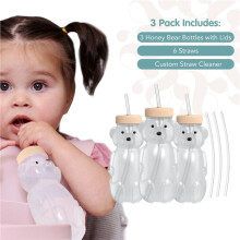 Vaso de Oso de Miel con Pajita para Bebés, 8 Oz, con Tapa, Paquete de 6, Juego de Biberones para Terapia y Aprendizaje.