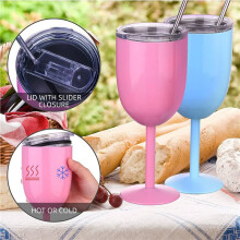 6X Stemmed Stainless Steel Wine Glasses with Lid Double Wall Insulated Wine Tumbler Goblets Wine Glasses(No Straw)
