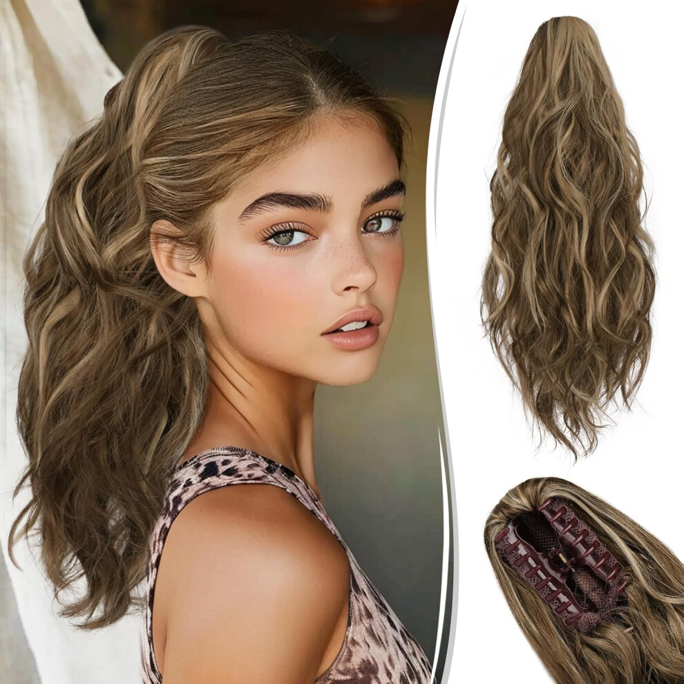 Clip-on Ponytail Synthetic Wavy Soft Brown 45 cm â clip in ponytail 45 cm, synthetic wavy hair, claw clip talons, brown ponytail hairpiece