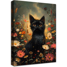 Cuadro sobre Lienzo Gato Negro en Flores Estilo Decorativo Elegante 40x60 cm — arte pared salon, decoracion hogar gatos