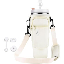Bolsa de Viaje Funda para Vaso Stanly 40 oz Bolsillo Regulable Beige — portabotellas neopreno, accesorio vaso termico