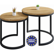 Round Coffee Table Set of 2 Pieces Solid Oak Steel Black Ø50x43 Ø40x38 cm — coffee table set, light oak wood, round table 50 cm, round table 40 cm