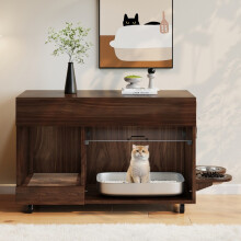 Verrijdbaar kattenmeubel met voerbakjes, walnootkleur