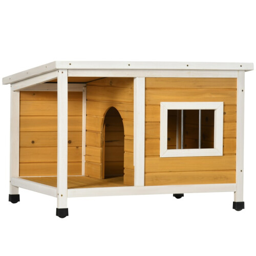 Hundehütte mit Veranda und Klappdach, Naturholz