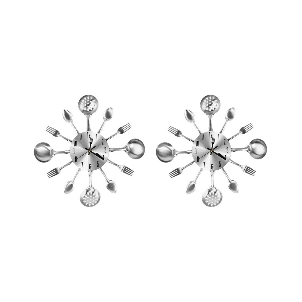 2X Metal Kitchen Cutlery Wall Clock 14 Inch With Fork Spoon 3D Non Ticking Quartz Watch Clock Silver 4713004390775