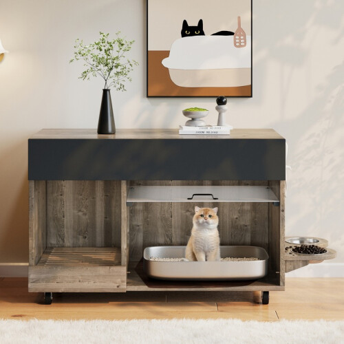 Meuble à litière mobile pour chat avec gamelles intégrées, chêne