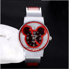 (Red) Mouse Bracelet Mickey Watch Stainless Steel Strap Present Birthday Women
