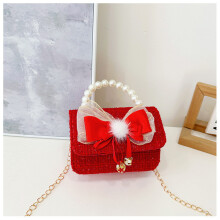 (Red Pom Pom) Velvet Lovely Red Tiger Head Handbag For Girls Trendy Crossbody Bag For Kids