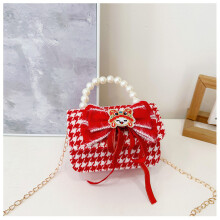 (Red Houndstooth) Velvet Lovely Red Tiger Head Handbag For Girls Trendy Crossbody Bag For Kids