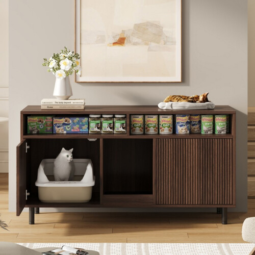 Katzentoilettenschrank mit Ablage und Sandfang, Walnuss