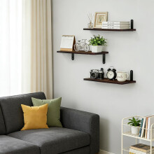 Wall Shelves Hanging Set of 3 Stylish Wooden Shelves Brown 40x15 cm — set of 3 wall shelves, hanging shelves brown, pine wood shelf, steel brackets