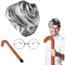 Set Kostüm Opa Verkleidung Rentner Brille Gehstock Perücke Halloween — kostüm großvater, verkleidung set, graue perücke, brille älterer