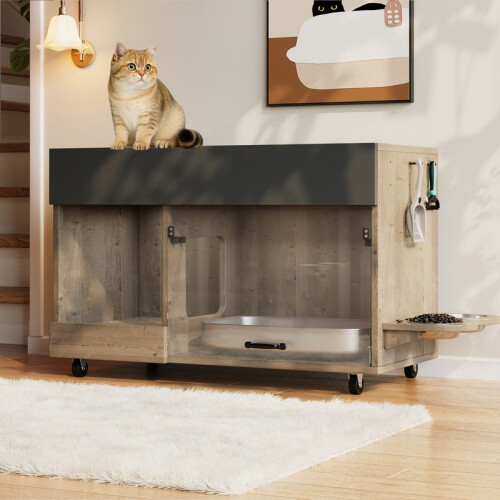 Meuble à litière mobile pour chat avec gamelles intégrées, chêne 2