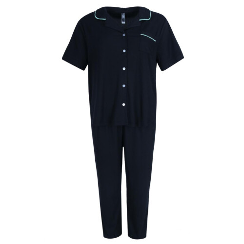 PJ Couture Women's Button Down Wavy Notch Collar Short Sleeve Capri Set