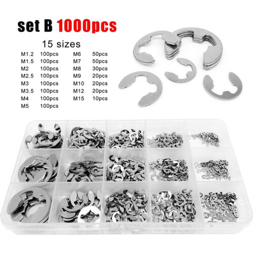 1000 PCS Stainless Steel E-Type Retaining Ring Kit 1.2mm-15mm E-Type Split Retaining Ring E-Type Bearing Retaining Ring 1
