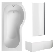 P Shape 1700x850 Right Hand Shower Bath Set - P Shape Front Panel, Black Bath Screen & Leg Set