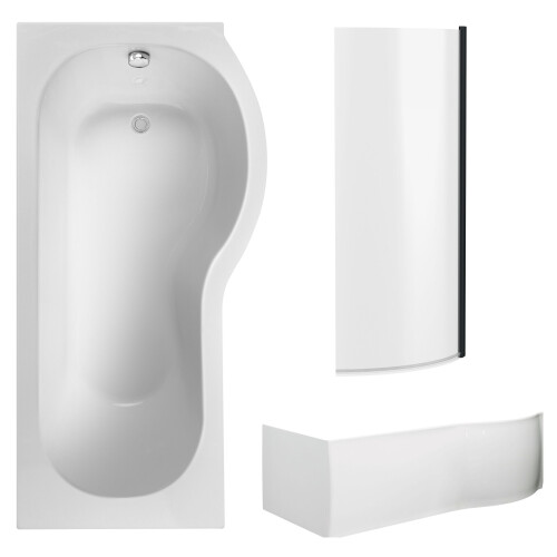 Balterley P Shape 1700x850 Right Hand Shower Bath Set - P Shape Front Panel, Black Bath Screen & Leg Set